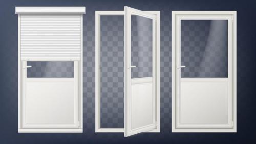 Plastic Glass Door Vector. White Roller Shutter. Opened And Closed. Roll Up Shutter. Isolated On Transparent Background Illustration